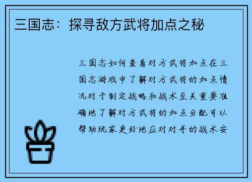 三国志：探寻敌方武将加点之秘
