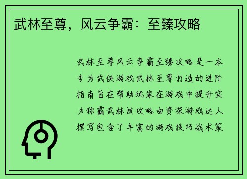 武林至尊，风云争霸：至臻攻略