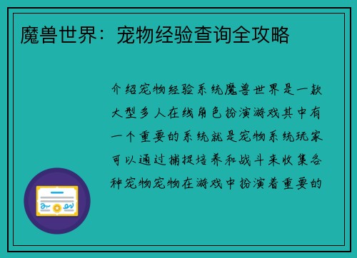 魔兽世界：宠物经验查询全攻略